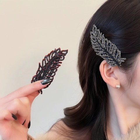 Elegante Fermaglio per Capelli a Forma di Foglia di Piuma Vintage Strass Mesh Forcina Laterale per Donna Gioielli per Capelli