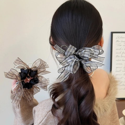 Elegante Elastico per Capelli a Quadri Con Fiocco In Rete Con Perla Artificial d'Imitazione Alta Elasticità Accessori per Capelli Donna