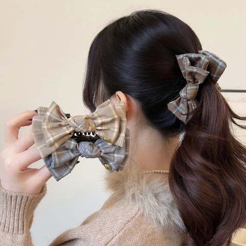 Pinza a Banana per Capelli con Fiocco Scozzese Stile Coreano Accessori per Capelli in Tessuto Vintage per Donna Porta Coda