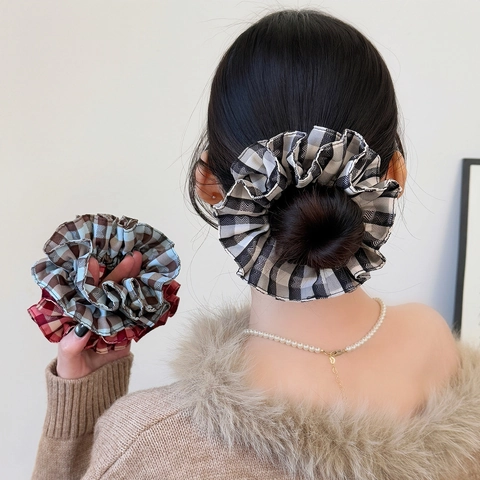 Coletero de Pelo Clásico de Doble Capa Plaid Vintage de Tela a Cuadros Anillo de Pelo Mujer Niñas Estilo Coreano Accesorios para el Pelo