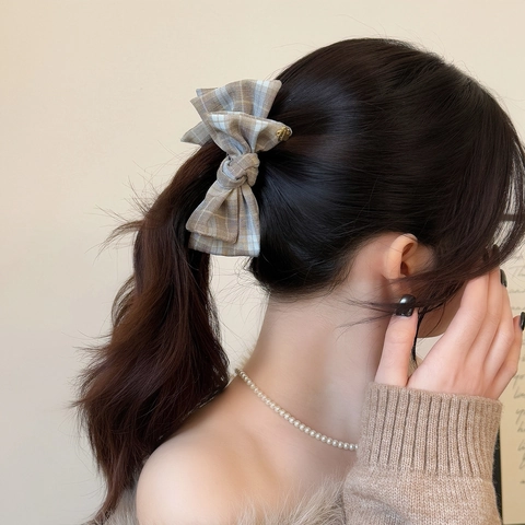 Clip a Banana con Fiocco a Quadretti in Stile Coreano Elegante Clip per Capelli Verticale in Tessuto per Donna Accessori