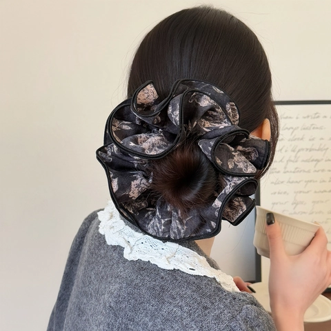 Französisches Retro Rose Druck Haargummi Groß Plissee Stoff Haargummi Elegant Lotusblattkante Haarseil Für Damen Haarschmuck