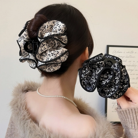 Pinza de Pelo de Tiburón Floral Vintage Francés para Mujer Elegante Clip de Tela de Chifón Plisado Grande