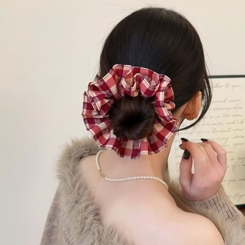 Coletero de Pelo Clásico de Doble Capa Plaid Vintage de Tela a Cuadros Anillo de Pelo Mujer Niñas Estilo Coreano Accesorios para el Pelo