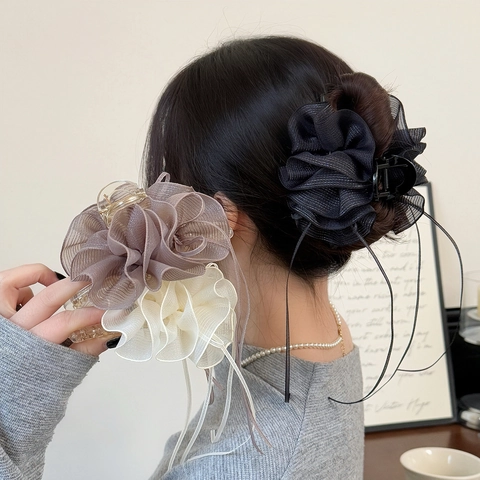 Grande Molletta per Capelli in Rete di Organza con Fiore Pieghettato e Nastri Lunghi Accessorio Elegante Stile Coreano per Donna