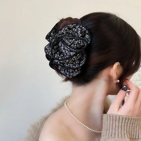 Pinza de Pelo de Tiburón Floral Vintage Francés para Mujer Elegante Clip de Tela de Chifón Plisado Grande