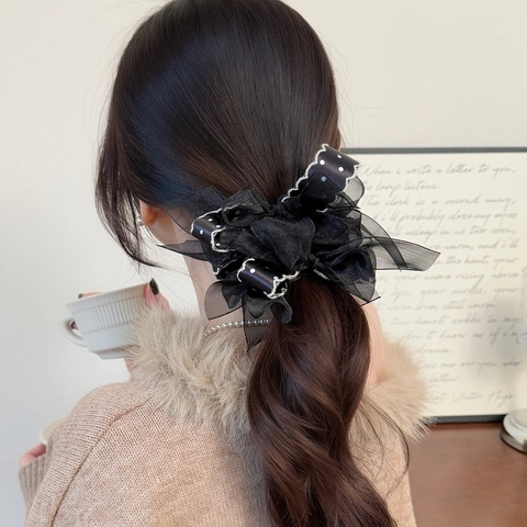 Coletero Elegante con Lazo de Malla y Cinta de Lunares Estilo Francés Gran Elástico de Organza para Mujeres Niñas