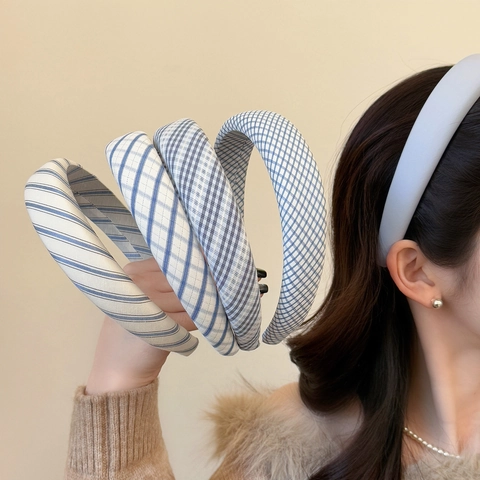 Serie Blu a Righe Quadretti Tessuto Imbottito Fascia per Capelli Donna Stile Preppy Moda Coreana Ampia Fascia Accessorio