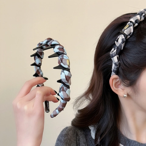 Diadema de Cuadros Vintage Con Dientes Antideslizante Parte Superior Craneal Alta Hecha a Mano Aro de Pelo Mujer Accesorios