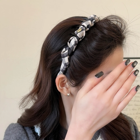 Diadema de Cuadros Vintage Con Dientes Antideslizante Parte Superior Craneal Alta Hecha a Mano Aro de Pelo Mujer Accesorios