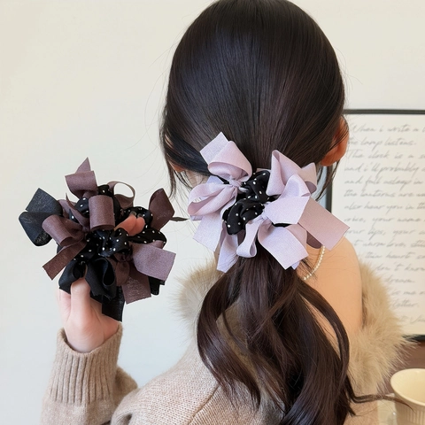 Korean Style Polka Dot Bow Hair Scrunchies Chiffon Large Elegant Elastic Hair Ties For Women Daily Decorative Accessories