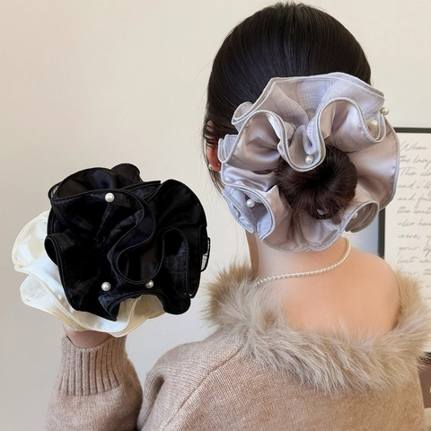 Elegante Coletero Grande de Malla con Perlas Artificiales para Mujer Estilo Coreano Satin Organza Gomas de Pelo Soporte Coleta Accesorios para el Cabello Moda