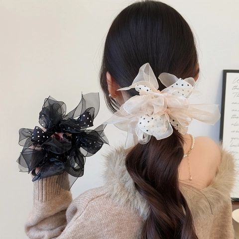 Damen Große Punktmuster Organza Haargummi Süß Mehrlagig Netzband Pferdeschwanz Halter Elegante Haar Accessoires Für Mädchen