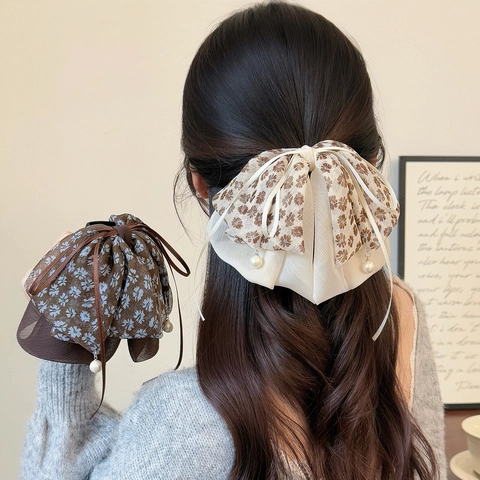 Pinza per Capelli a Fiocco Floreale Dolce da Donna Con Perla Artificiale Clip per Coda di Cavallo in Tessuto Leggero Accessorio per Capelli