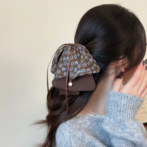 Pinza per Capelli a Fiocco Floreale Dolce da Donna Con Perla Artificiale Clip per Coda di Cavallo in Tessuto Leggero Accessorio per Capelli
