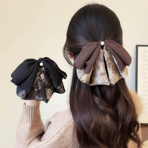 Fermaglio per Capelli a Fiocco Oversize Rétro Francese per Donna Elegante Accessorio in Tessuto a Stampa Floreale con Perla