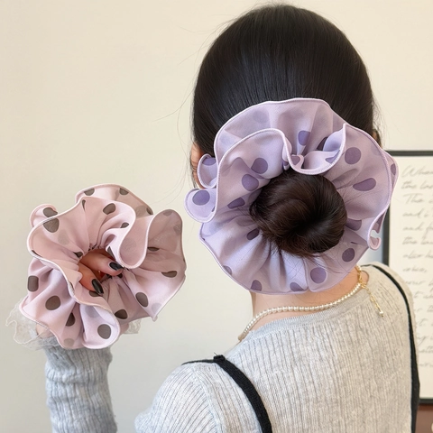 Scrunchie per Capelli a Pois in Stile Coreano per Donna Doppio Strato Tessuto Elastico per Capelli Retro Porta Coda Accessorio Dolce