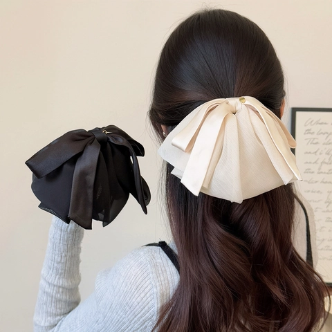 Elegante Satijn Strik Paardenstaartclip Handgemaakte Meerlaagse Strik Haarklem Voor Vrouwen Haaraccessoires