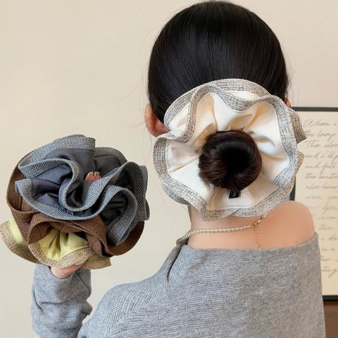 Chouchou en Tissu Plissé Double Couche Grand Élastique Style Coréen Élégant Bord à Volants Bandeau pour Femmes Accessoires Cheveux