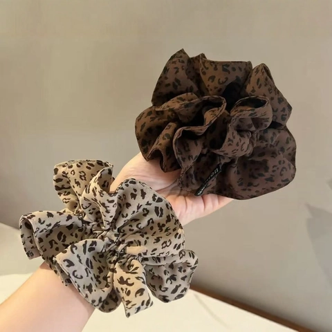 Scrunchie in Tessuto con Stampa Leopardata Vintage Doppio Strato Elastico Fascia per Capelli Stile Coreano Accessorio per Donne