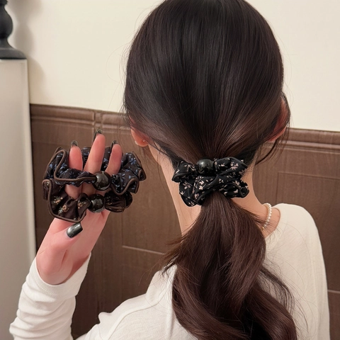 Vintage Floral Fabric Scrunchie For Women Korean Style Pleated Ponytail Holder Elastic Hair Band Daily Accessories With Bead