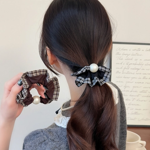 Scrunchie a Quadri con Volant Coreano Con Grande Perla Artificiale Elegante Fascia per Capelli Elastica Donna Porta Coda di Cavallo