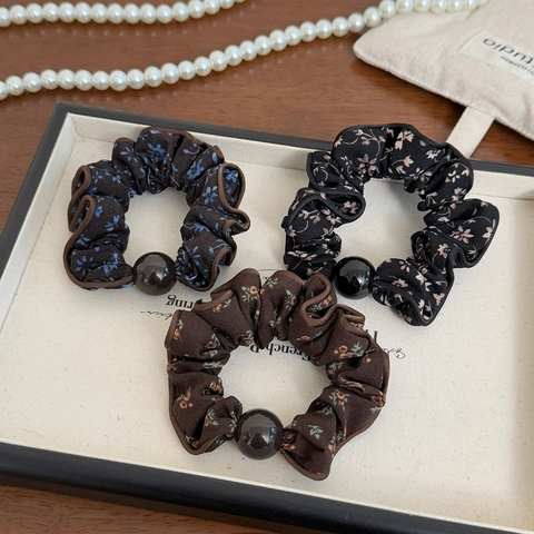 Vintage Floral Fabric Scrunchie For Women Korean Style Pleated Ponytail Holder Elastic Hair Band Daily Accessories With Bead