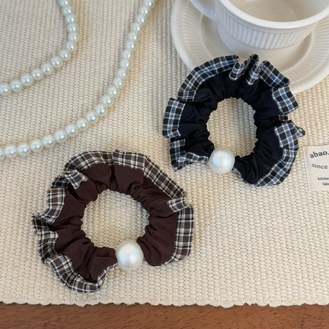 Scrunchie a Quadri con Volant Coreano Con Grande Perla Artificiale Elegante Fascia per Capelli Elastica Donna Porta Coda di Cavallo