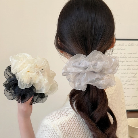 Korean Sweet Double Layer Organza Hair Scrunchies For Women Girls Ruffle Mesh Hair Ties With Sequins Fashion Hair Accessories