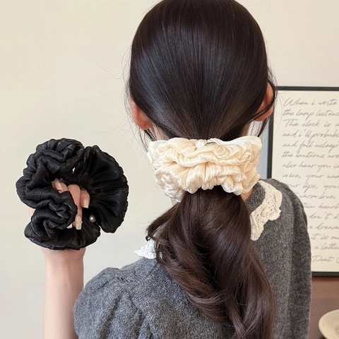 Elegant Pleated Mesh Scrunchies For Women Double Layer Solid Color Hair Ties With Artificial Pearl Metal Tag French Style Hair Ropes