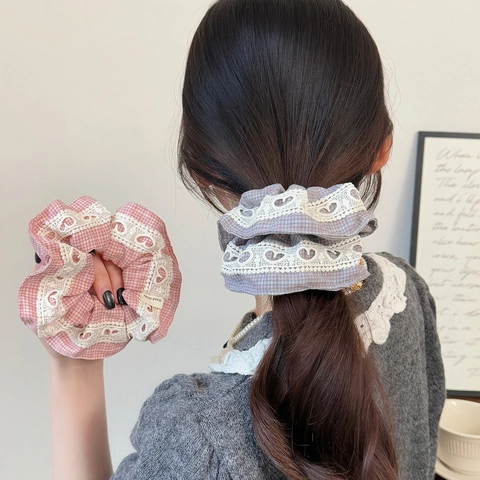 Süße Karierte Stoff Haargummi Im Koreanischen Stil Mit Herz Spitzenbesatz Handgefertigte Elastische Haarbänder Für Damen