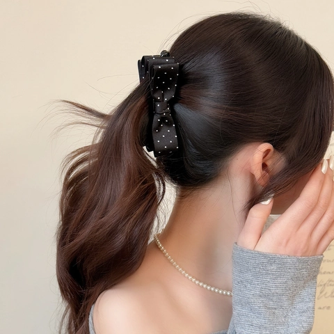 Süße Punkte Schleife Bananenspange Elegantes Satin Stoff Haarschmuck Für Damen Mode Pferdeschwanz Halter Haarspange Geschenk