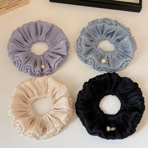 Elegant Pleated Mesh Scrunchies For Women Double Layer Solid Color Hair Ties With Artificial Pearl Metal Tag French Style Hair Ropes