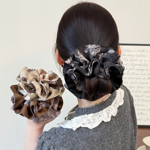 Élégant Chouchou en Satin Imprimé Floral Double Couche Large Élastique à Cheveux Plissé Vintage Patchwork Accessoires Cheveux Femme