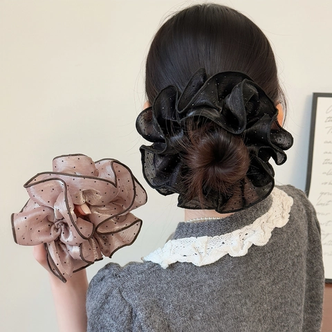 Coleteros de Malla con Lunares para Mujer Doble Capa de Gasa Lazos Grandes para el Cabello Estilo Coreano Dulce Elegante