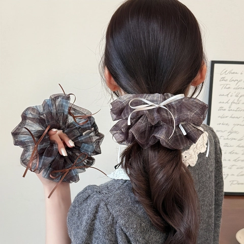 Scrunchie in Rete Plaid Vintage Con Nastro a Fiocco in Organza Elastico per Capelli ad Alta Elasticità per Donna Ragazza
