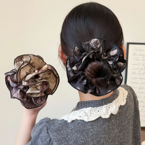 Γαλλικό Βίντατζ Μεγάλο Scrunchie με Τύπωμα Τριαντάφυλλα Κομψό Ελαστικό Λαστιχάκι Μαλλιών για Γυναίκες Αξεσουάρ Μαλλιών