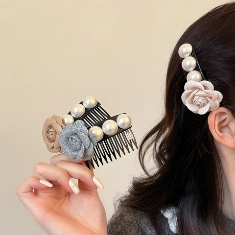Pettine per Capelli in Tessuto con Fiori e Perle Artificiali Moda Coreana Elegante Clip a Incastro Vintage Francese Donna