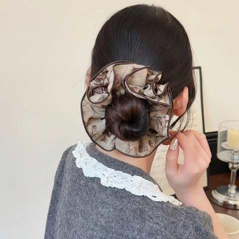 Γαλλικό Βίντατζ Μεγάλο Scrunchie με Τύπωμα Τριαντάφυλλα Κομψό Ελαστικό Λαστιχάκι Μαλλιών για Γυναίκες Αξεσουάρ Μαλλιών