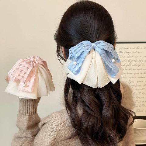 Sweet Plaid Bow Hair Clip Large Chiffon Organza Butterfly Knot Hair Claw With Faux Artificial Pearl Pendants Elegant Ponytail Clip For Women