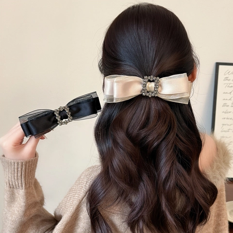 Elegante Strik Haarclip Voor Dames Satijn Organza Veerclip Strass Gesp Haarspeld Franse Bruiloft Haaraccessoires