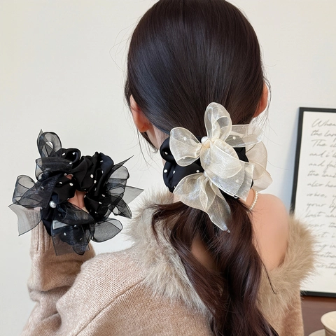 Elegante Scrunchie in Maglia con Fiocco a Pois Francese con Perla Artificial Sintetica Alta Elasticità Cerchio per Capelli Donna Accessori