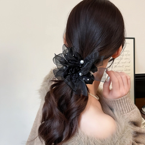 Elegante Scrunchie in Maglia con Fiocco a Pois Francese con Perla Artificial Sintetica Alta Elasticità Cerchio per Capelli Donna Accessori