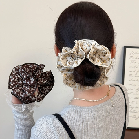Vintage Bloemen Dubbellaags Haarelastiekjes Voor Vrouwen Oversized Elastisch Haarknipjes Pastoraal Stijl Stof Paardenstaarthouder