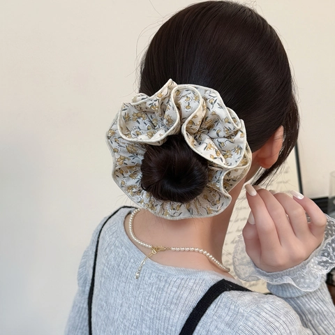 Vintage Bloemen Dubbellaags Haarelastiekjes Voor Vrouwen Oversized Elastisch Haarknipjes Pastoraal Stijl Stof Paardenstaarthouder