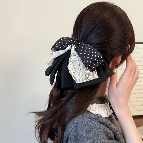 Fermaglio per Capelli Coreano Elegante Pois Pizzo Fiocco Con Perla Artificiale Grande Clip per Coda di Cavallo Donna