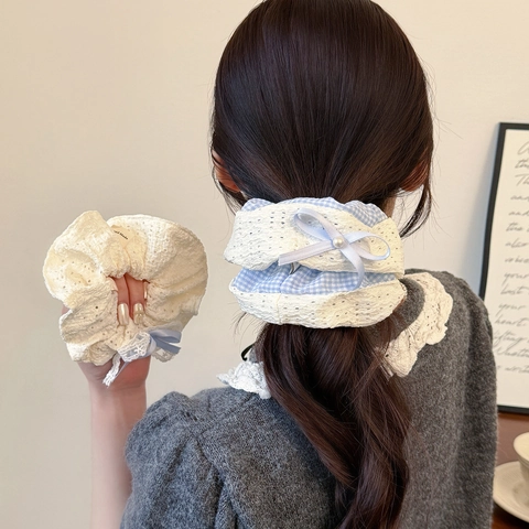 Women Elegant Lace Bow Scrunchie Artificial Pearl Sweet Blue Plaid Hair Tie Ribbon Streamer Elastic Hair Band Accessories