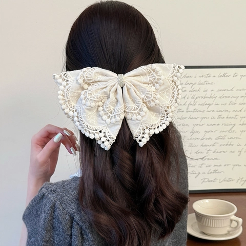Fermaglio a Molla Bohemian con Grande Fiocco in Pizzo per Donna Vintage Francese Bianco Crema Perle Artificiali Elegante Accessorio Capelli
