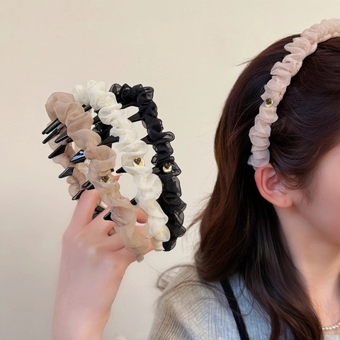 Diadema de Malla Plisada para Mujer Con Dientes Antideslizante Estilo Coreano Banda para el Cabello Color Sólido Accesorios para el Cabello Elegantes para Diario Fiesta