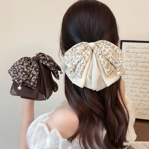 Elegante Fermaglio per Capelli Francese con Fiocco Floreale e Pendente in Perla Artificiale Clip per Coda di Cavallo Donna